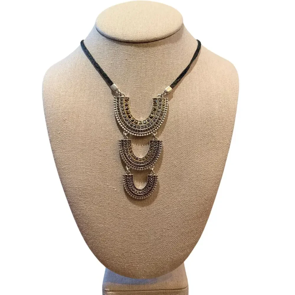 NWT Lucky Brand Pave Leather Arch Silver Boho Pendant Necklace